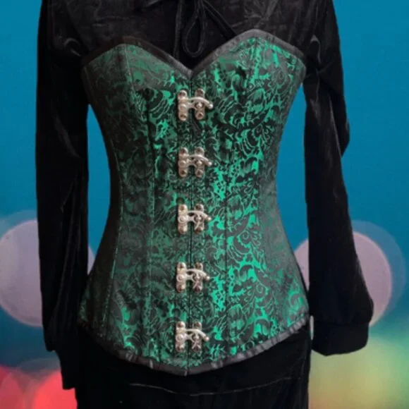 Elegant Green Brocade Full Corset with Metal Hook Clasps NWT - Picture 8 of 9